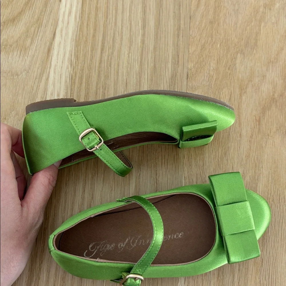 Age of Innocence Ellen Satin Green Mary Jane Bow Shoes